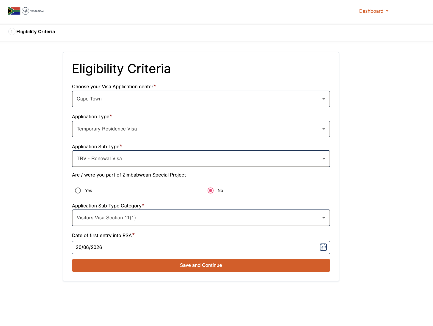 Форма Eligibility Criteria на сайте VFS