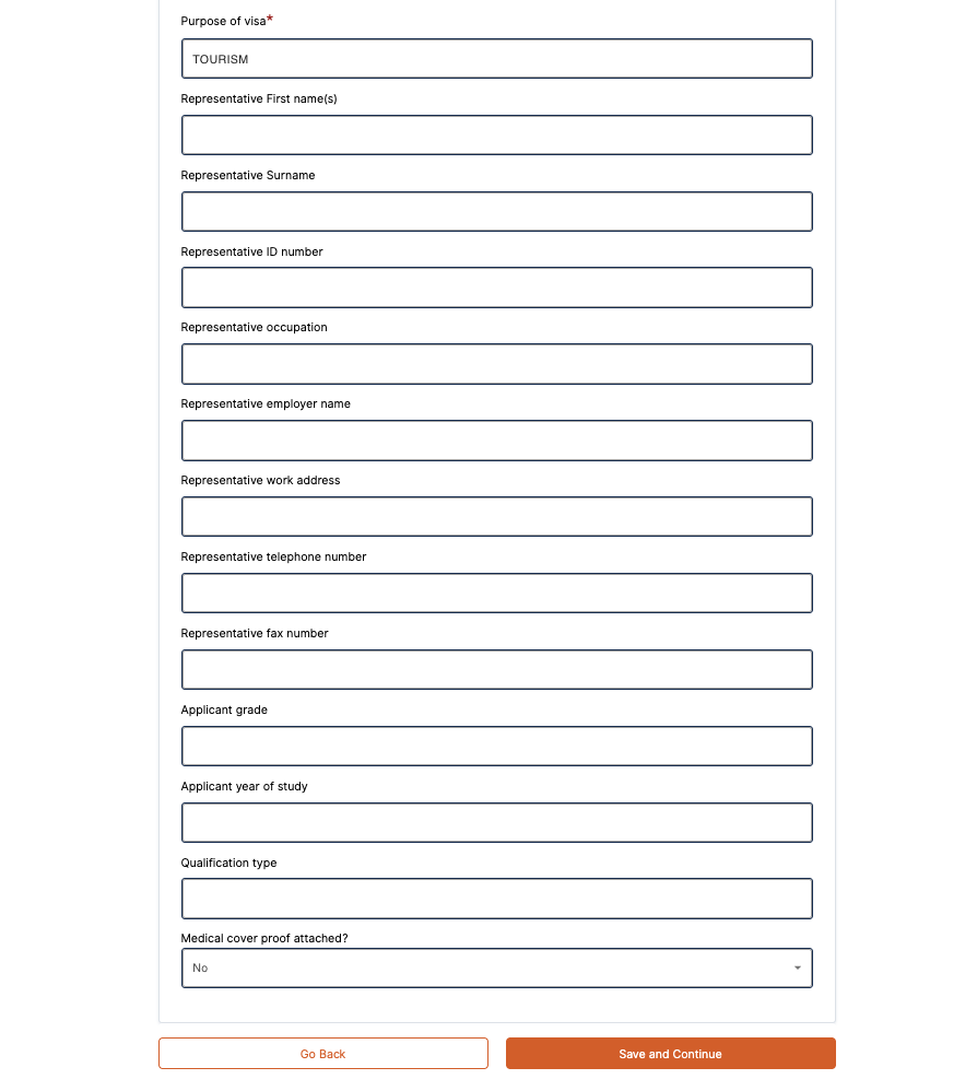 Форма Visa Details, вторая часть с необязательными полями