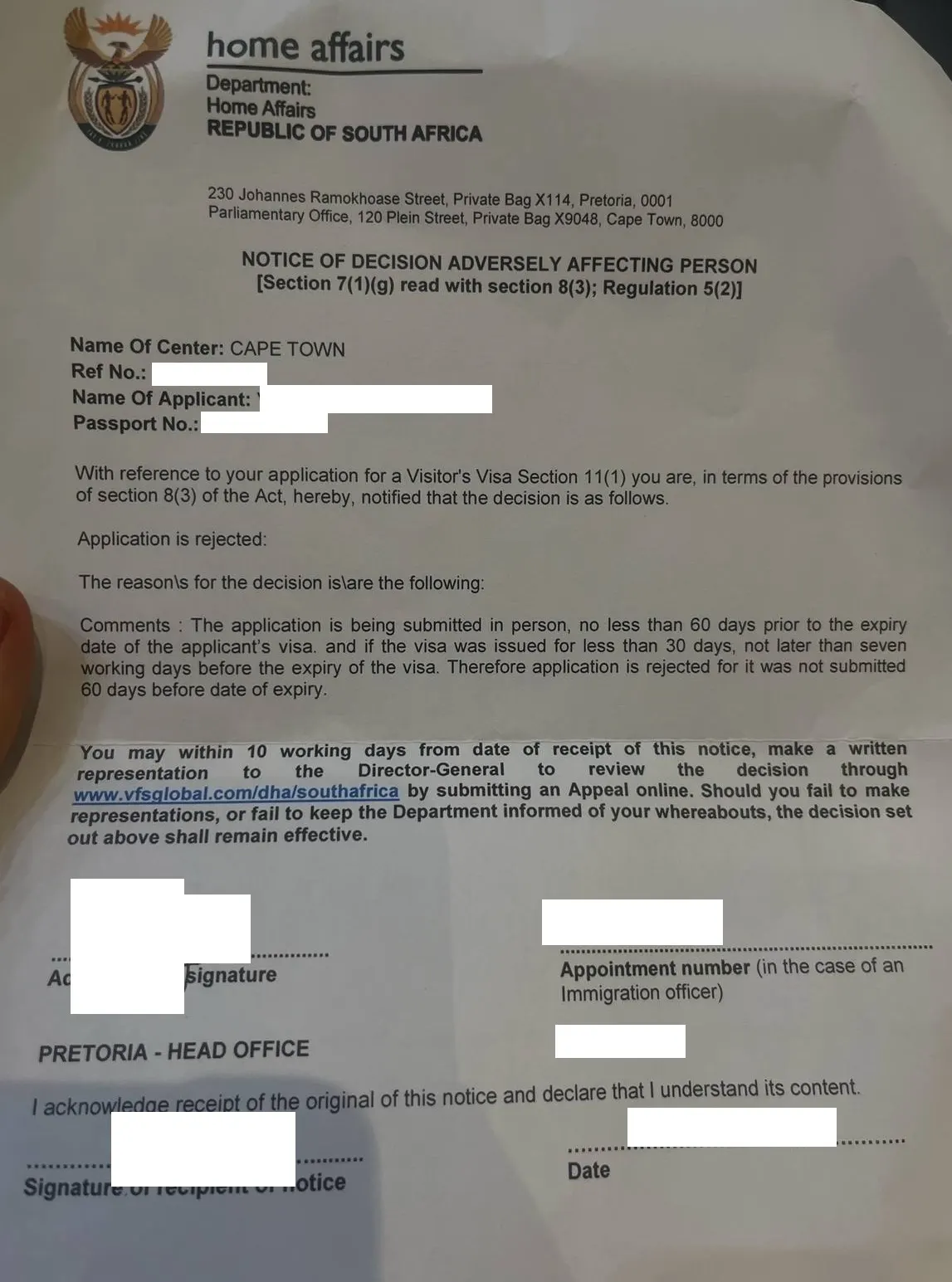 Пример отказа — Notice of Decision от Home Affairs